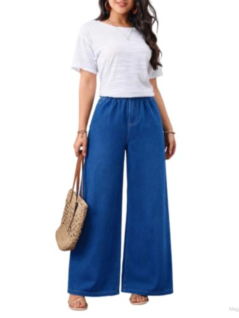 Wide Leg High Waisted Stretch Pull On Jeans Elastic Waist Comfort Denim Pants
